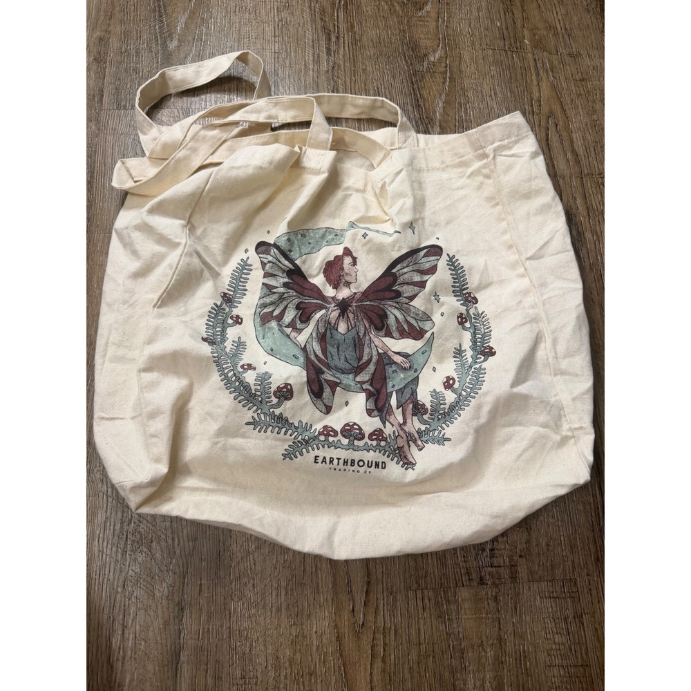 Earthbound Trading Co Fairy Moon Mushroom Canvas Tote Bag Cream Boho Shopper